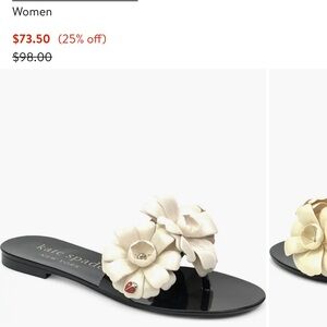 kate spade Black Patent Floral Appliqué Slide Sandals with Cream Flowers